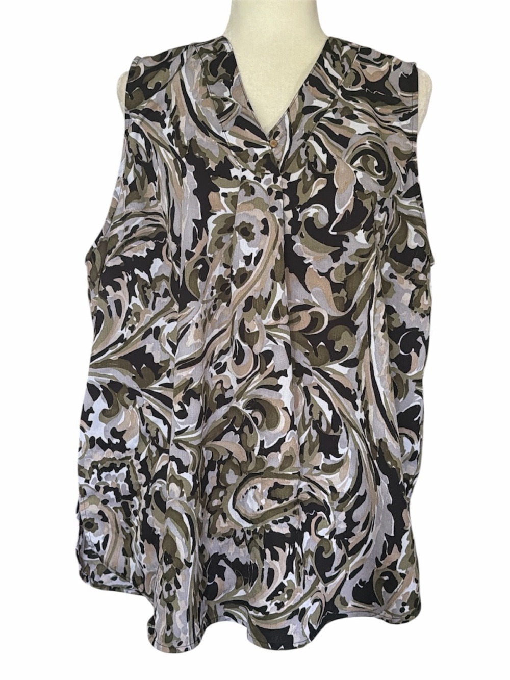 Liz Claiborne Olive Black Cream Paisley V-Neck Sleeveless Top - Picture 6 of 6